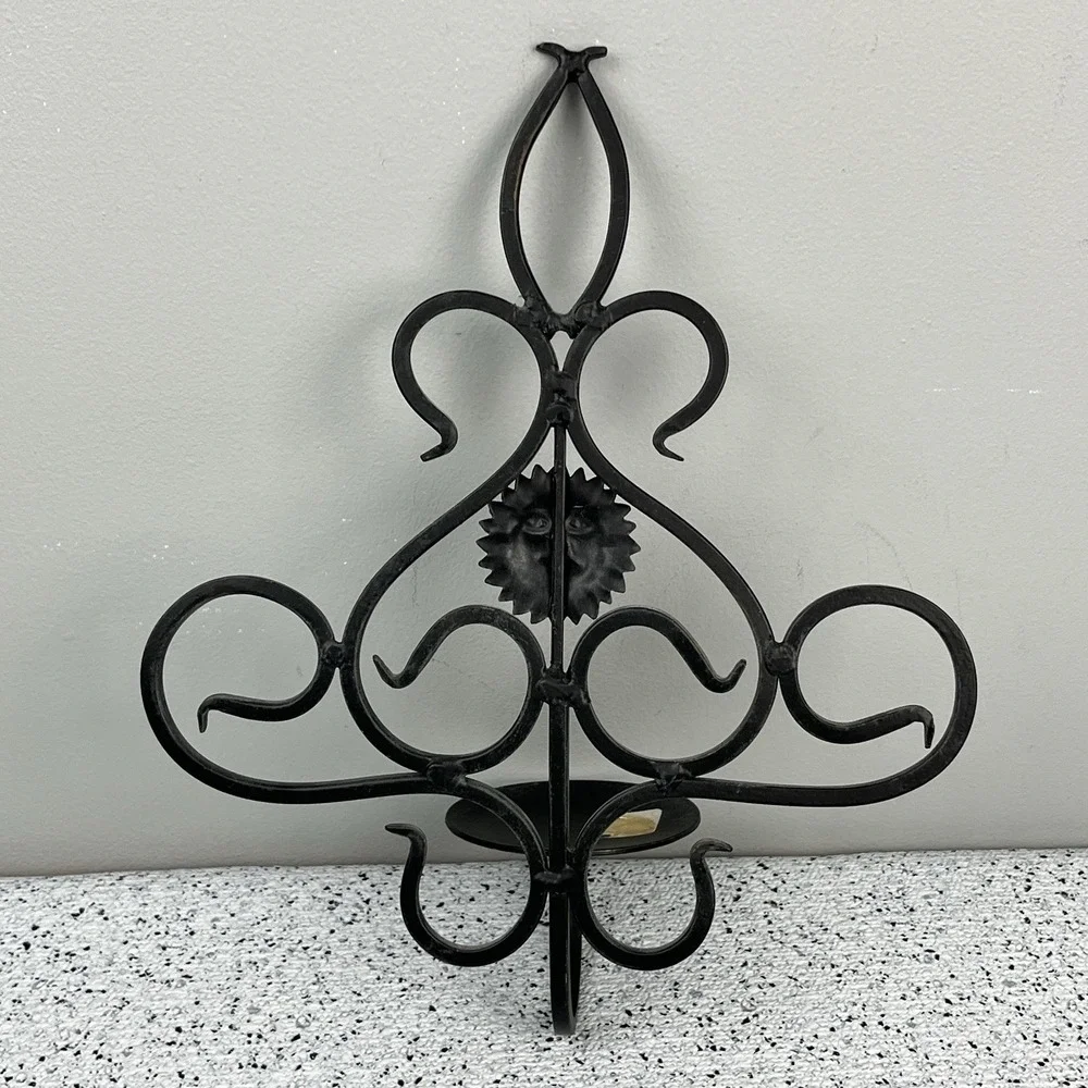 Vintage Black‎ Metal Celestial Sun Wall Sconce Candle Holder Whimsy Gothic